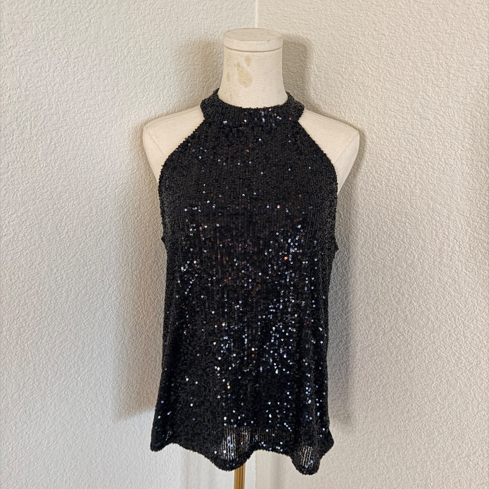 Black Sequin Halter Top – Open Back Party Evening Blouse